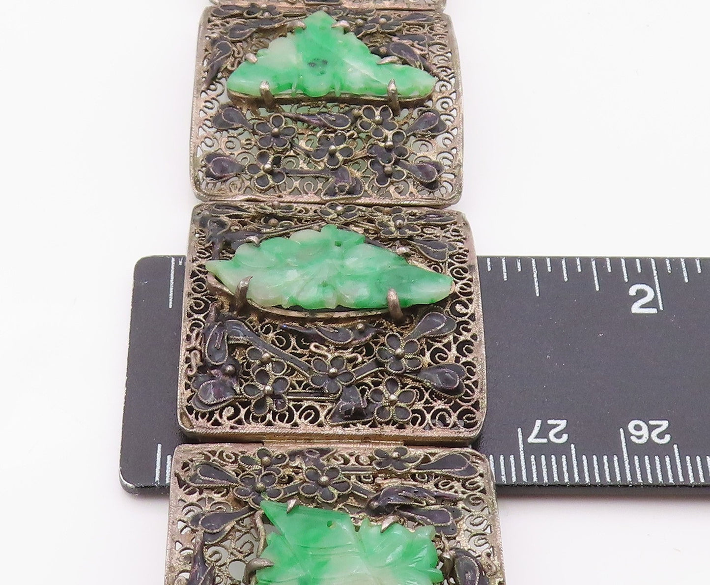 925 Sterling Silver Vintage Bracelet CHINESE EXPORT Jade Flora Filigree  BT12134