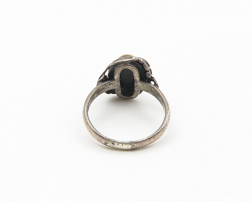 POLAND 925 Sterling Silver  Vintage Cabochon Cut Amber Band Ring Sz 6  RG18420