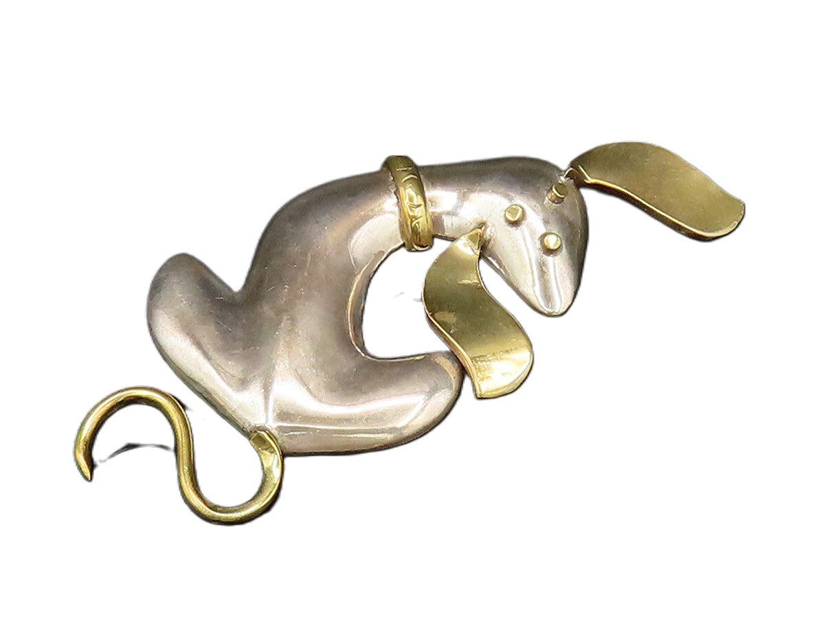 MEXICO 925 Silver  Vintage Sculpted Two Tone Sitting Dog Brooch Pin  BP9681