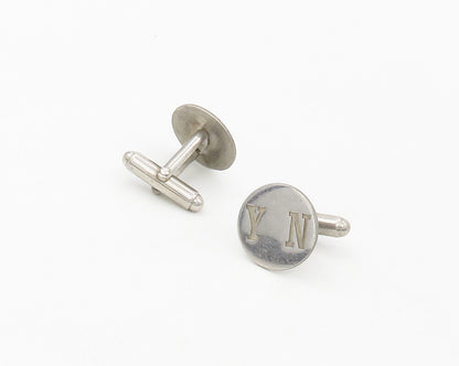 925 Sterling Silver  Vintage Shiny YN Initials Smooth Round Cufflinks  TR2313