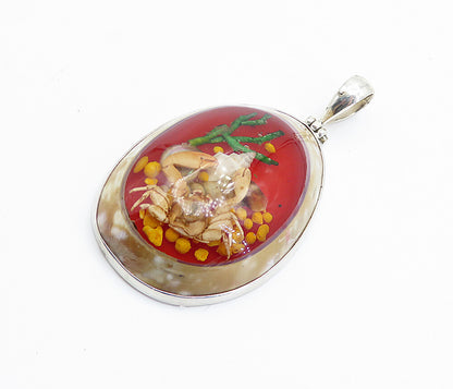 925 Sterling Silver  Abalone Sea Shell Crab Glass Art Tear Drop Pendant PT6125