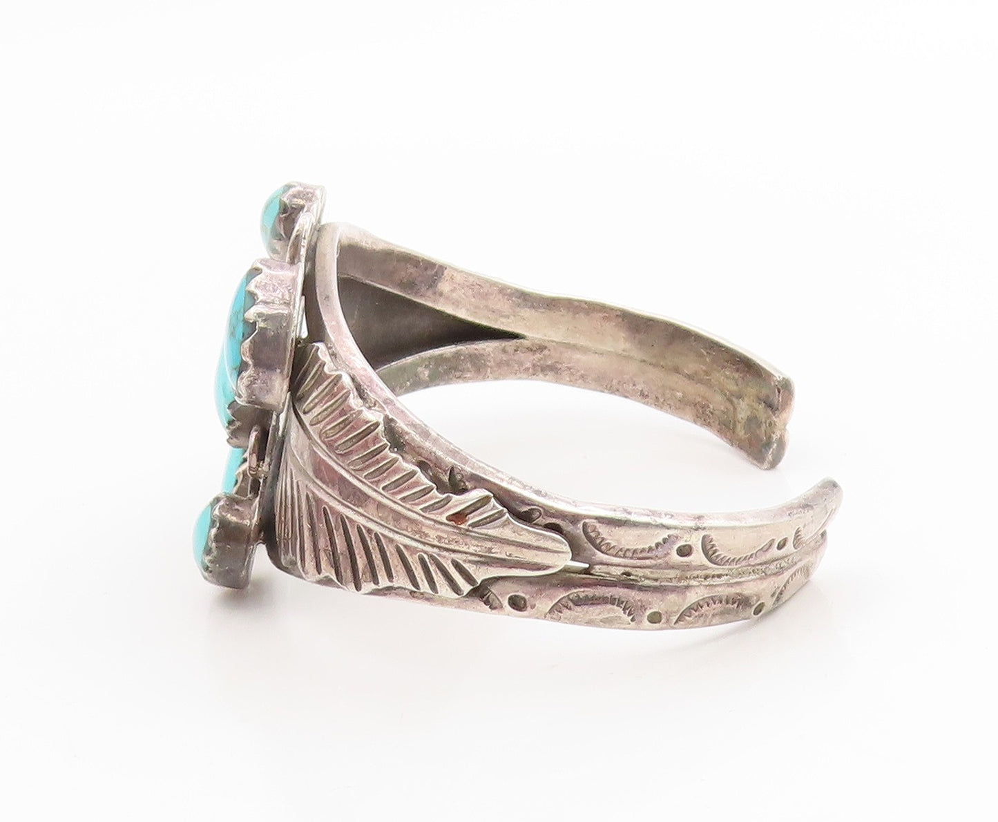 925 Sterling Silver Vintage Bracelet MEXICO Turquoise Etched Leaf Cuff  BT11989