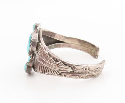 925 Sterling Silver Vintage Bracelet MEXICO Turquoise Etched Leaf Cuff  BT11989