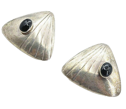 925 Sterling Silver Vintage Cabochon Cut Black Onyx Drop Earrings EG4149