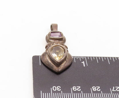 925 Sterling Silver Vintage Pendant Dark Tone Carved Amethyst & Citrine  PT23597