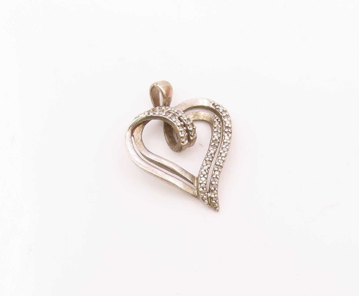925 Sterling Silver  Vintage Genuine Diamonds Open Love Heart Pendant  PT17086