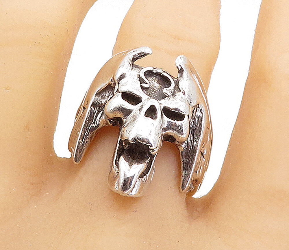 925 Sterling Silver  Vintage Sculpted Skull Head Statement Ring Sz 11.5 RG6238