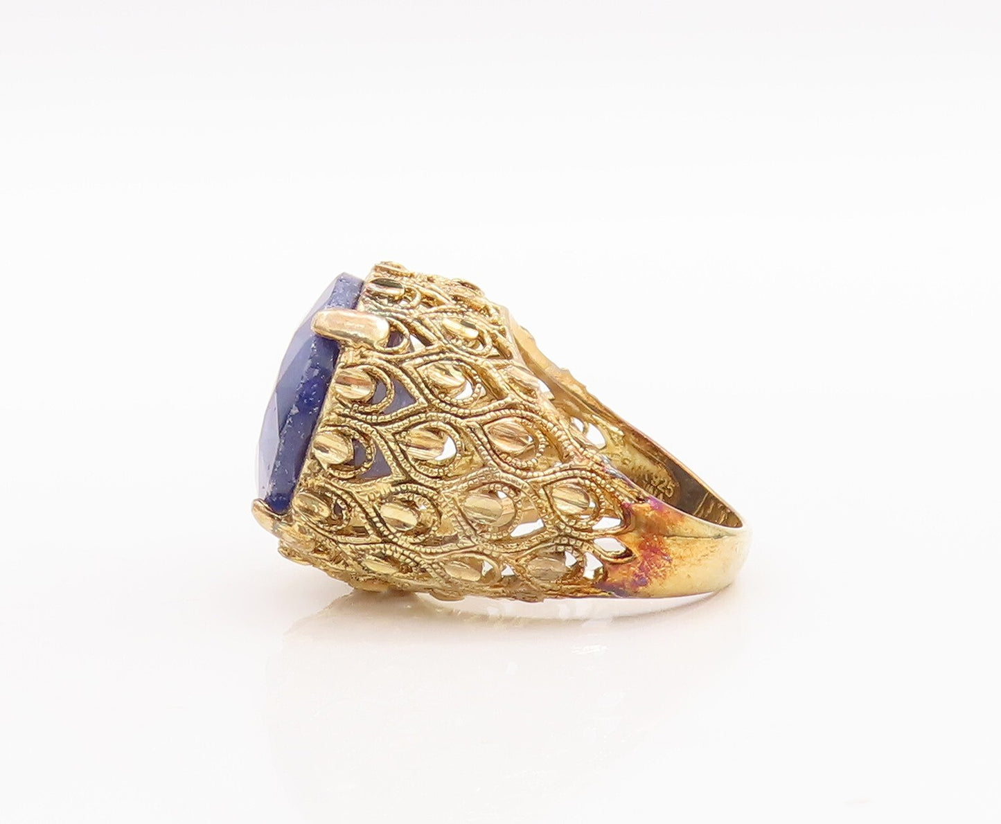925 Sterling Silver Vintage Ring Gold Plated Floral Carved Gemstone Sz 7 RG29624