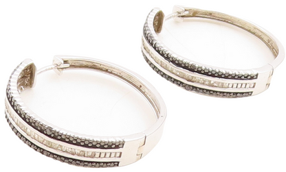 925 Sterling Silver Vintage Earrings Black & White Diamonds Hoops  EG13291