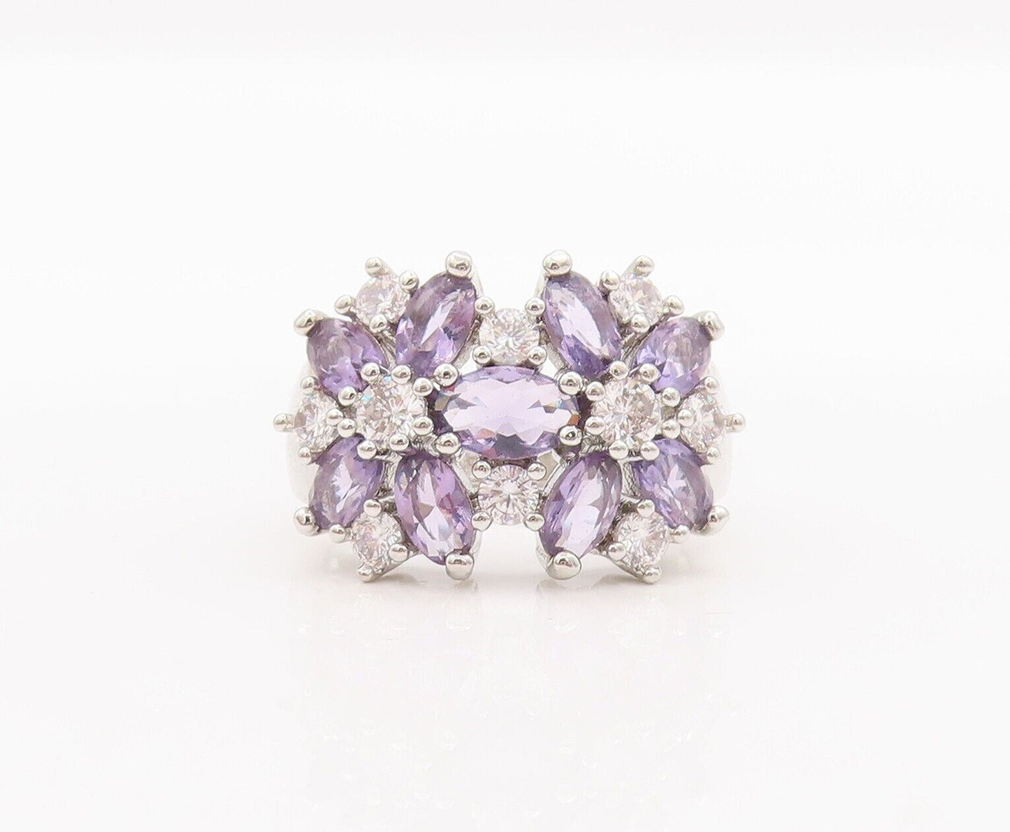 925 Sterling Silver Vintage Ring Oval Cut Amethyst & CZ Flower  Sz 6.5  RG28460