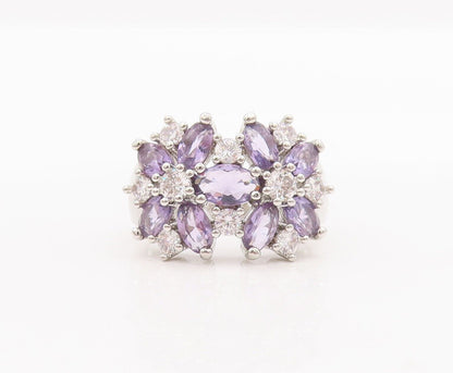 925 Sterling Silver Vintage Ring Oval Cut Amethyst & CZ Flower  Sz 6.5  RG28460