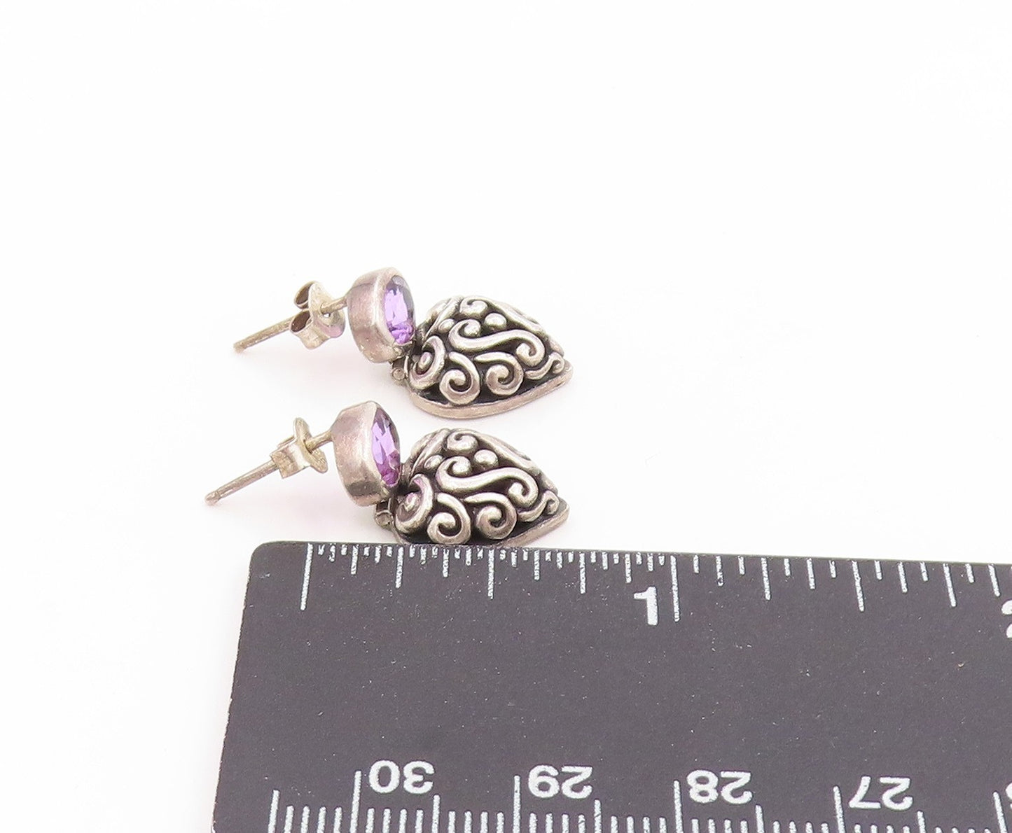 925 Sterling Silver Vintage Earrings JANICE GIRARDI Amethyst Love Heart  EG14030