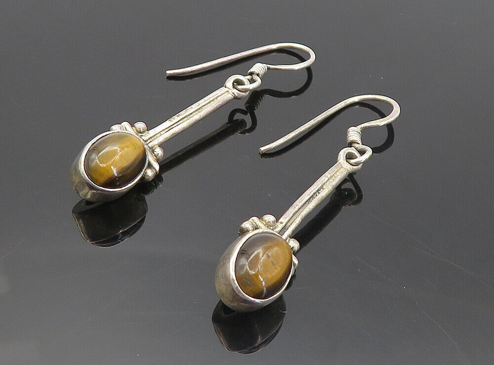 925 Sterling Silver  Vintage Cabochon Cut Tiger's Eye Drop Earrings  EG3642