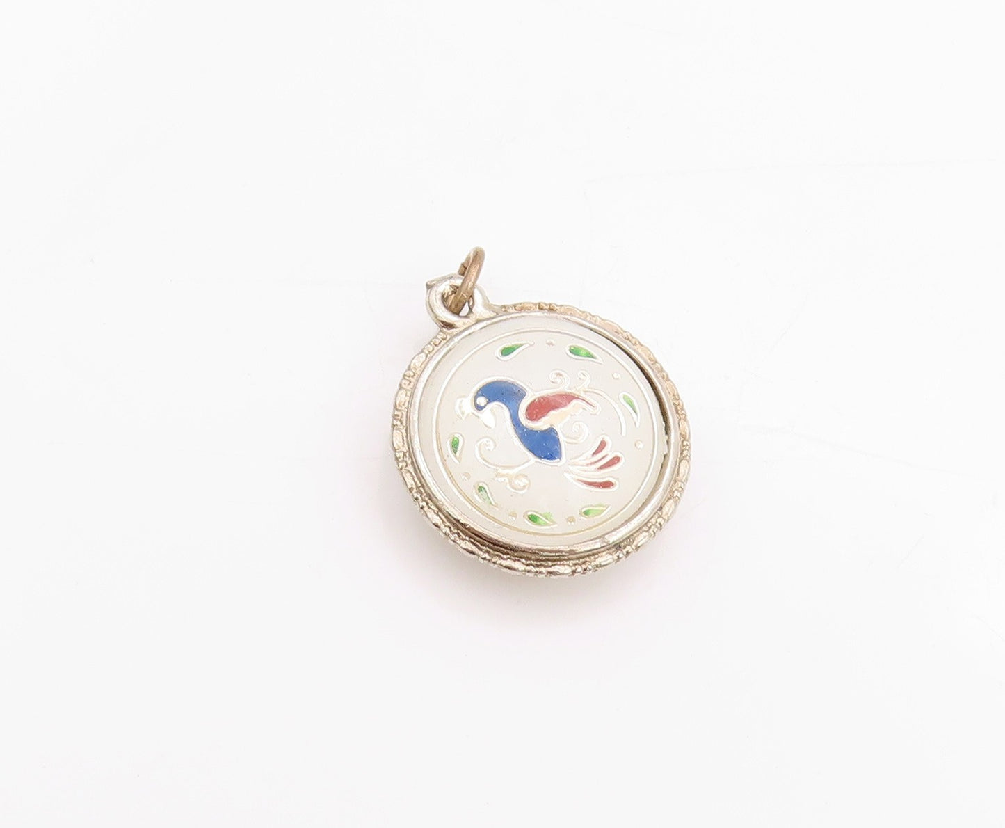 925 Sterling Silver Vintage Pendant 2 Side Enameled Flower & Peacock  PT24507