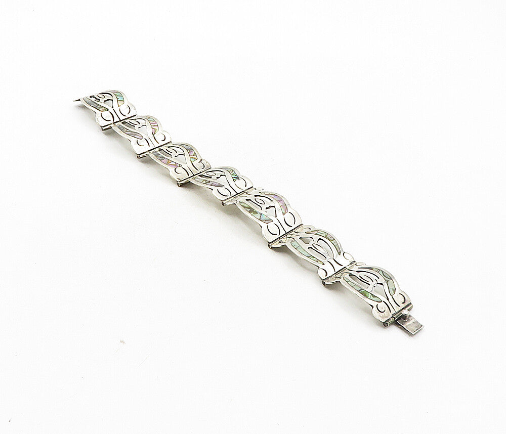 MEXICO 925 Sterling Silver  Vintage Inlaid Abalone Shell Chain Bracelet BT4078