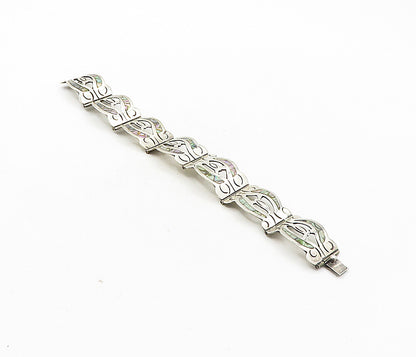 MEXICO 925 Sterling Silver  Vintage Inlaid Abalone Shell Chain Bracelet BT4078