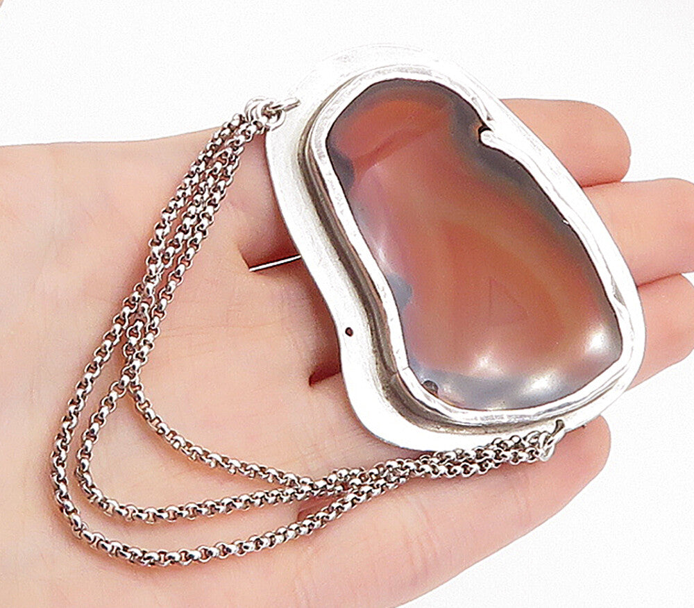 925 Sterling Silver Vintage Agate Multi Strand Chained Brooch Pin BP1538
