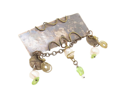 925 Sterling Silver Vintage Brooch Pin Handmake Dangling Pearls Peridot BP10584