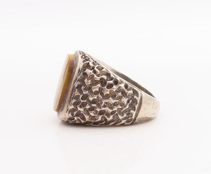 925 Sterling Silver Vintage Ring Brutalist Square Cut Tiger's Eye Sz 9.5 RG28982