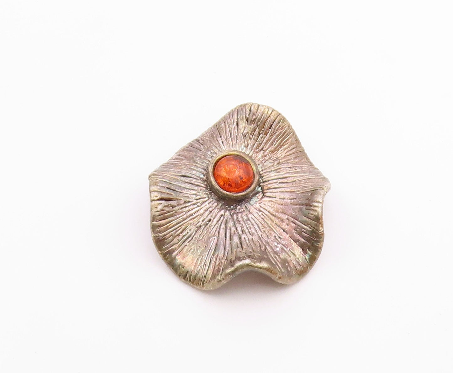 925 Sterling Silver  Vintage Etched Flower Motif Amber Brooch Pin  BP9496