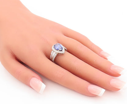 925 Sterling Silver Vintage Ring Drop Cut Sapphire Halo CZ Inlay  Sz 7  RG29025