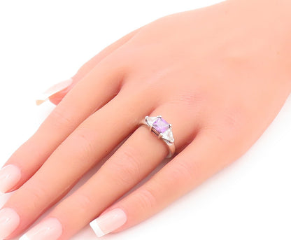 925 Sterling Silver Vintage Ring Square Cut Amethyst Triangle CZ  Sz 6  RG28764