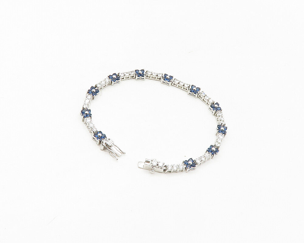 925 Sterling Silver  Cubic Zirconia & Blue Topaz Floral Chain Bracelet  BT6842