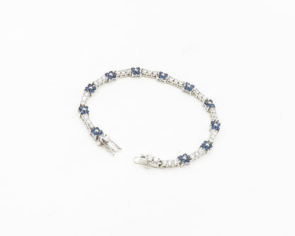925 Sterling Silver  Cubic Zirconia & Blue Topaz Floral Chain Bracelet  BT6842
