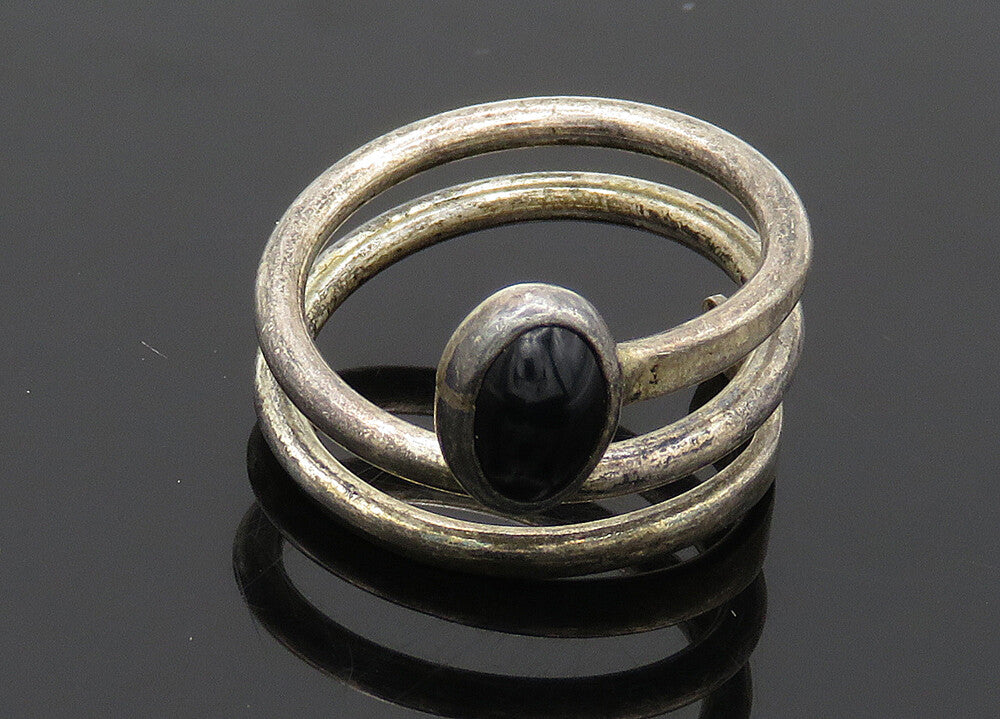 MEXICO 925 Silver  Vintage Cabochon Cut Black Onyx Band Ring Sz 7.5  RG20815