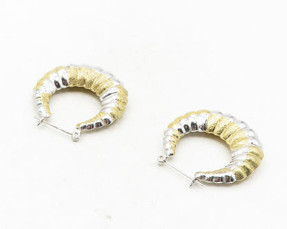 925 Sterling Silver  Shiny Two Tone Hollow Fluted Hoop Earrings  EG5101