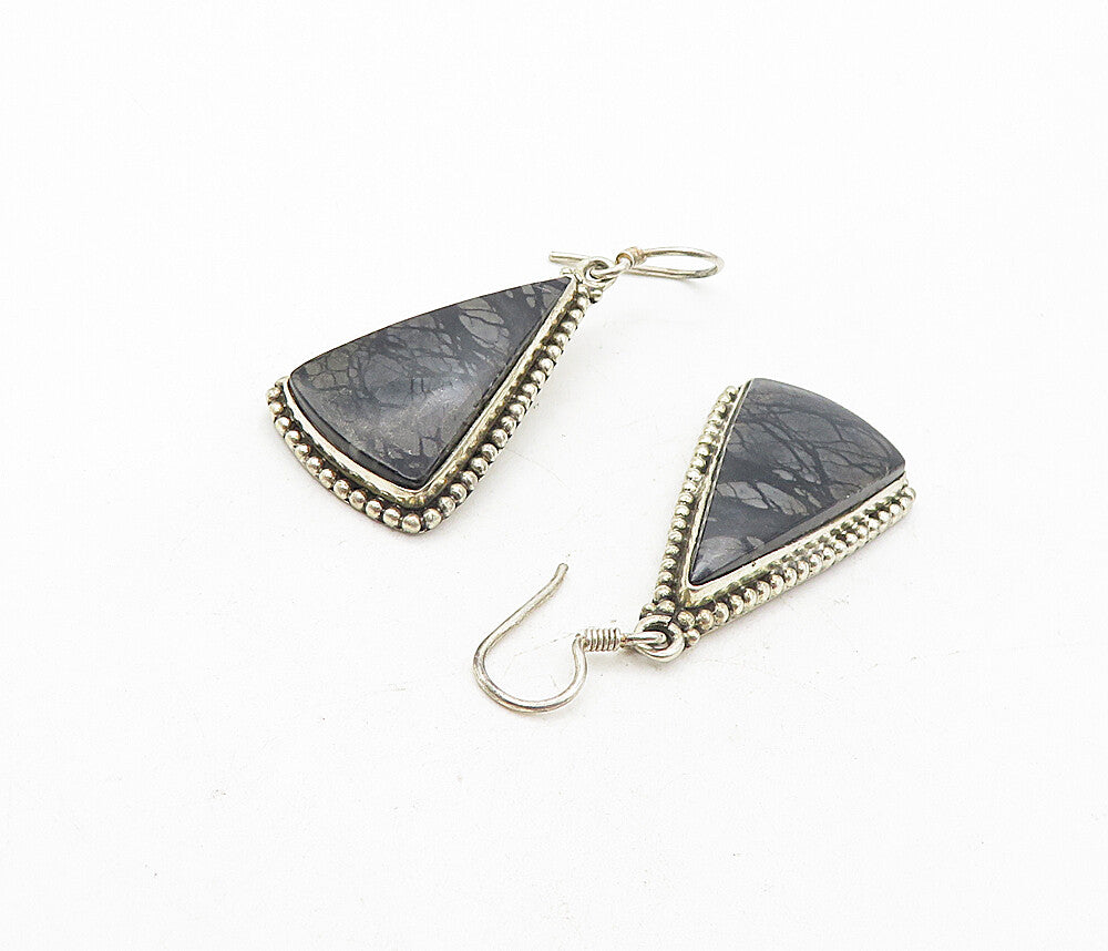 925 Sterling Silver  Vintage Black Jasper Triangle Dangle Earrings  EG3910
