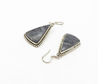 925 Sterling Silver  Vintage Black Jasper Triangle Dangle Earrings  EG3910