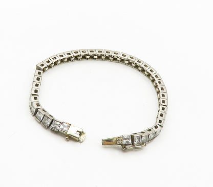 925 Sterling Silver  Vintage Cubic Zirconia Box Link Chain Bracelet  BT6414