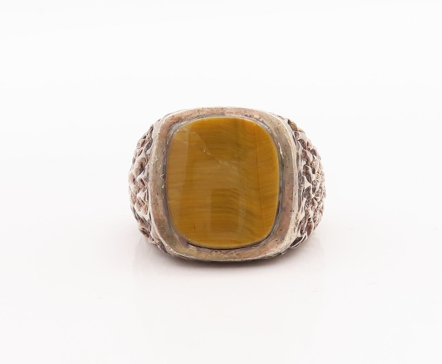 925 Sterling Silver Vintage Ring Brutalist Square Cut Tiger's Eye Sz 9.5 RG28982