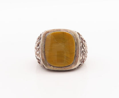 925 Sterling Silver Vintage Ring Brutalist Square Cut Tiger's Eye Sz 9.5 RG28982