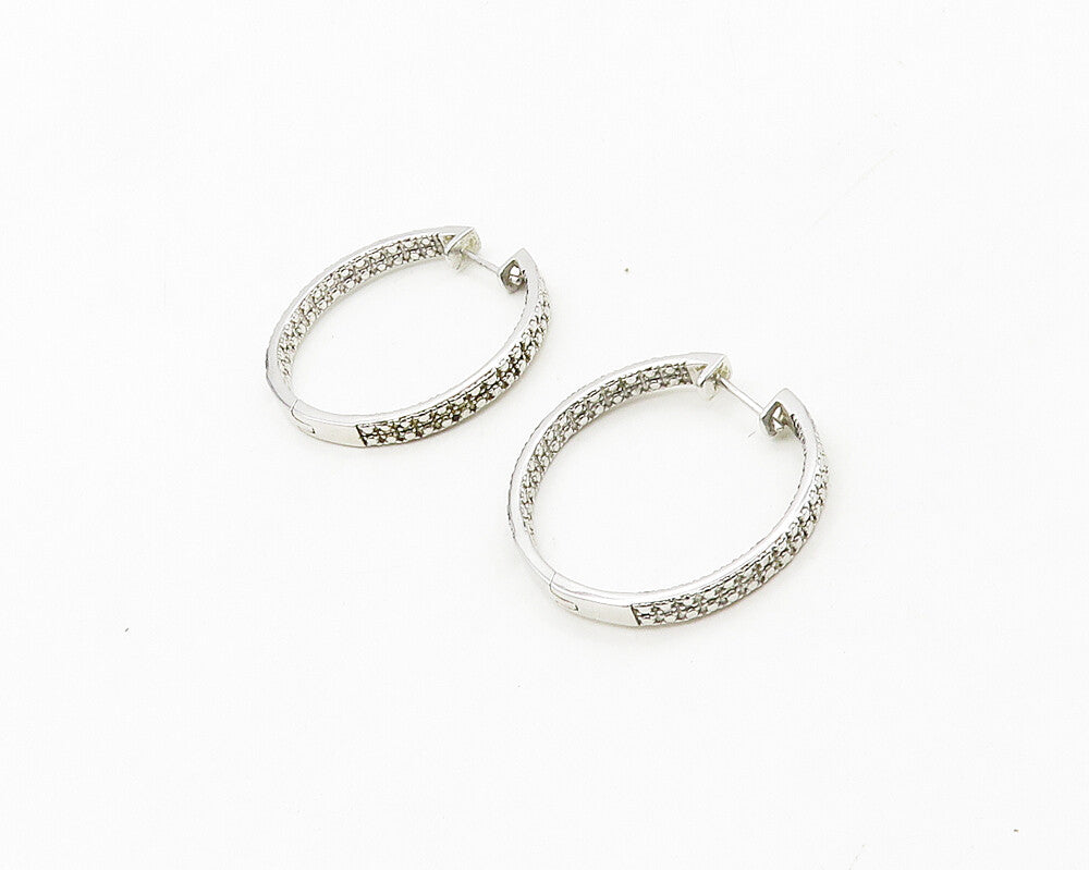 925 Sterling Silver  Genuine Diamonds Shiny Round Hoop Earrings  EG9171
