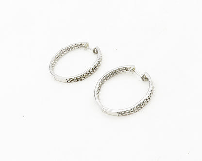925 Sterling Silver  Genuine Diamonds Shiny Round Hoop Earrings  EG9171
