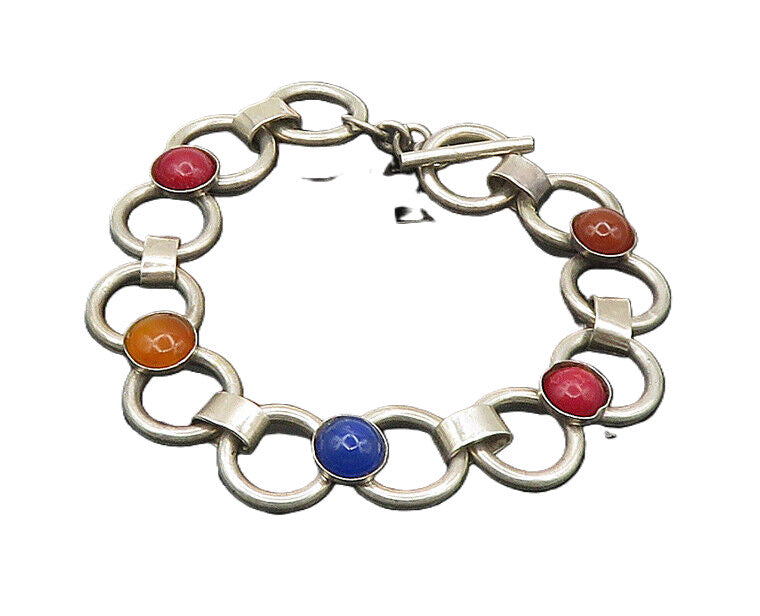 MEXICO 925 Sterling Silver Vintage Carnelian & Multi Stone Chain Bracelet BT7201
