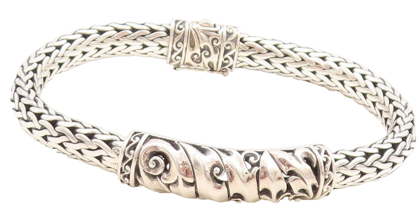 925 Sterling Silver Vintage Bracelet Solid Designer Leaved Carved  BT10981