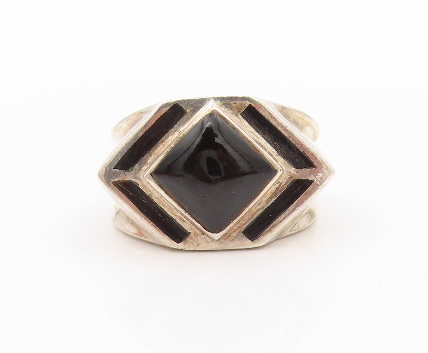 925 Sterling Silver Vintage Ring Square Halo Onyx Inlay  Sz 9.5  RG31812
