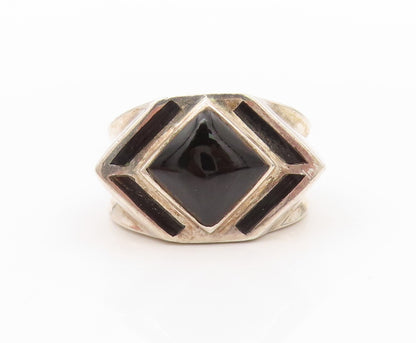 925 Sterling Silver Vintage Ring Square Halo Onyx Inlay  Sz 9.5  RG31812