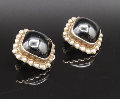MEXICO 925 Silver  Vintage Beaded Edge Black Onyx Clip Back Earrings  EG12296