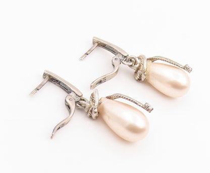 14k Gold & 925 Sterling Silver Vintage Earrings Pink Pearl & CZ Drop  EG14220