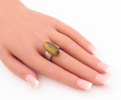 925 Sterling Silver Vintage Ring Large Cabochon Oval Tiger's Eye  Sz 9 RG28884