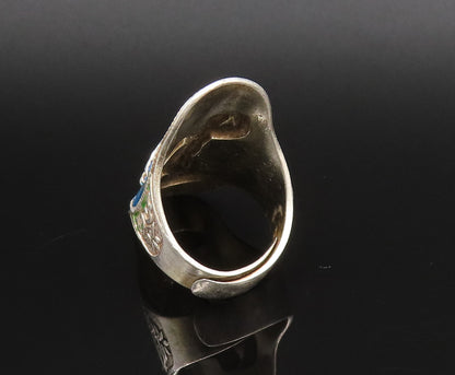 CHINESE 925 Silver  Vintage Enamel Carved Man With Robe Ring Sz 6  RG25816