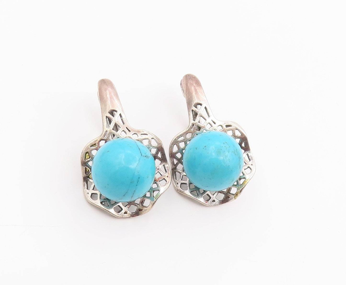 925 Sterling Silver Vintage Earrings Turquoise Geometric Openwork Drop  EG14217