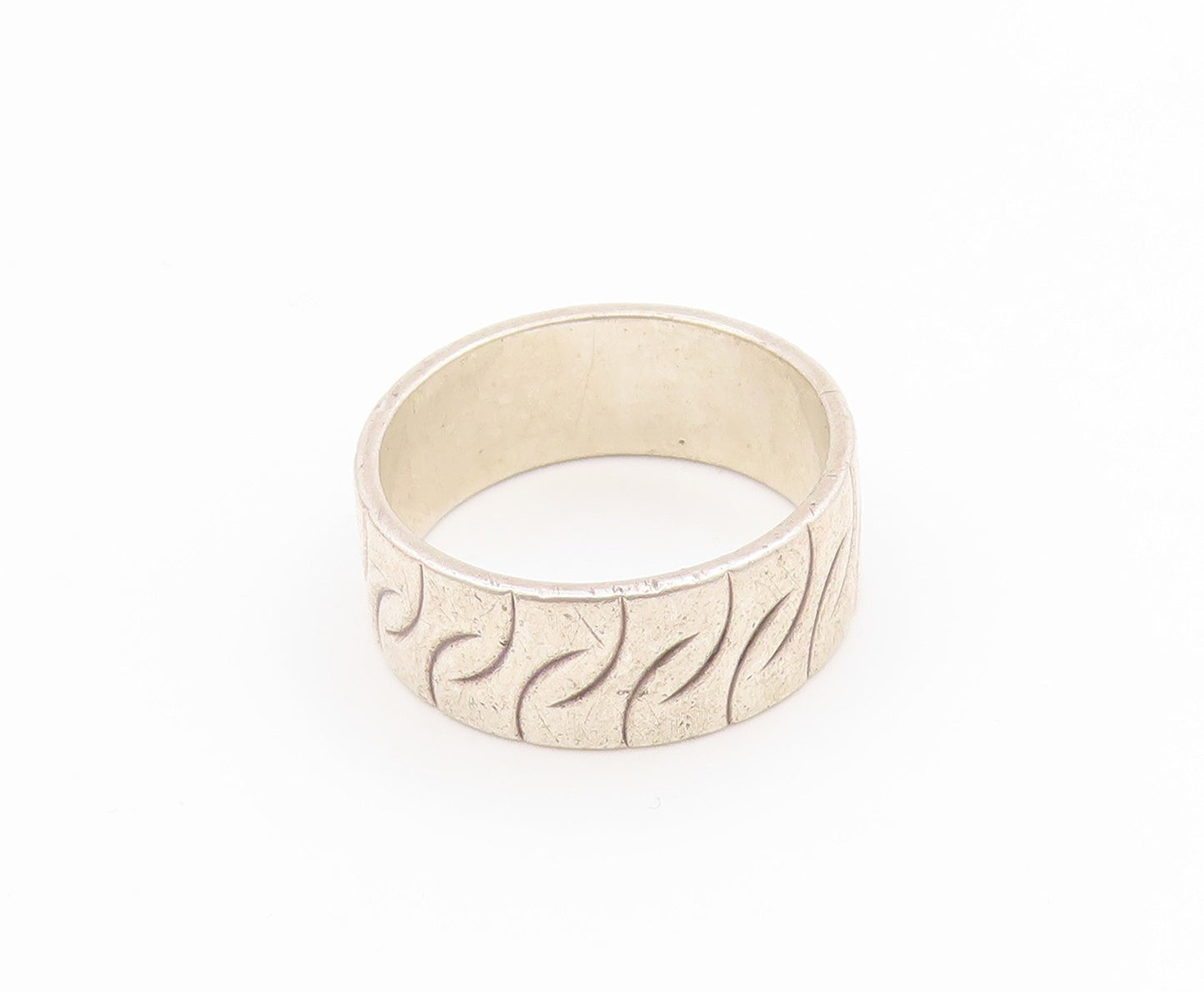 925 Sterling Silver Vintage Ring Modernist Etched Pattern Band  Sz 6  RG34493
