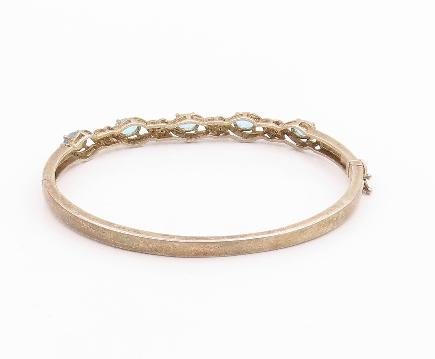 925 Sterling Silver Vintage Bracelet Swirly Diamonds & Oval Topaz Bangle BT11350