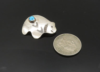 NAVAJO 925 Silver  Vintage Turquoise Shiny Etched Bear Brooch Pin  BP8021