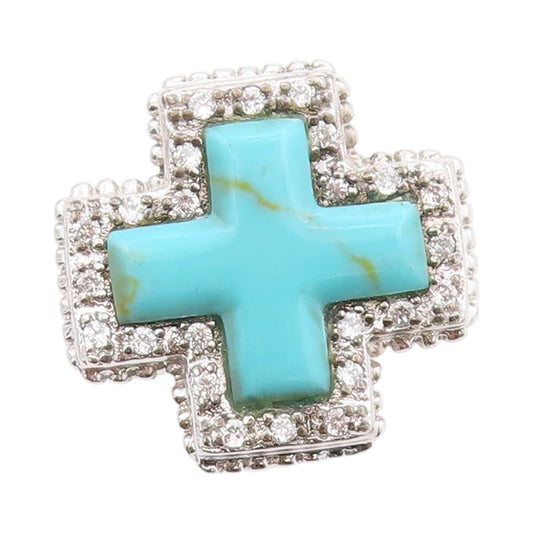 925 Sterling Silver Vintage Ring Turquoise & CZ Inlay Solid Plus  Sz 7  RG33485